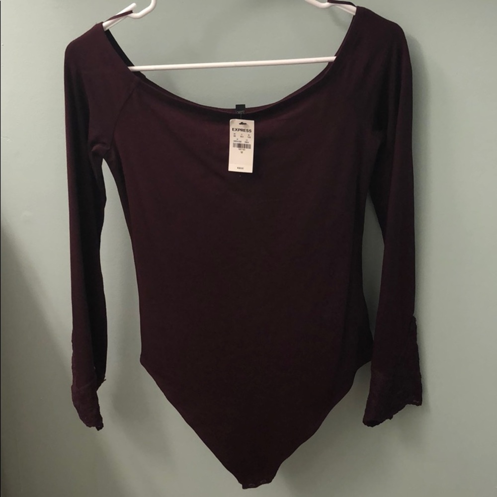 Maroon Off the Shoulder Body Suit w Lace Sleeves